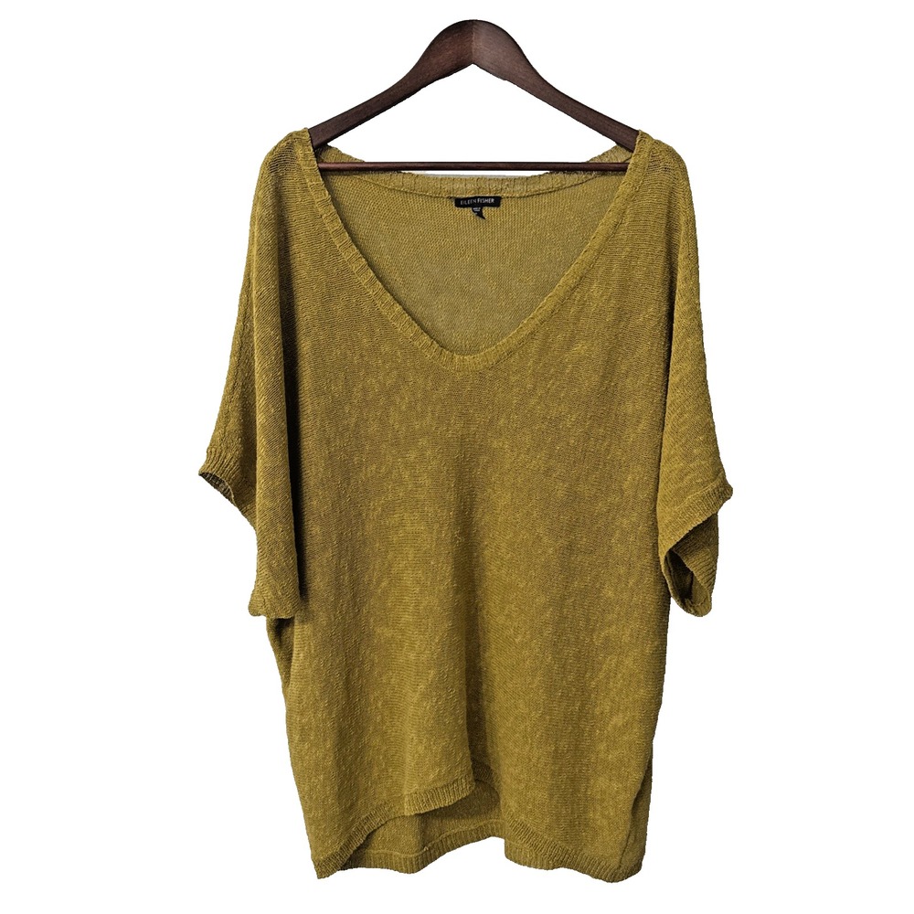 Eileen Fisher linen blend top women's large chartreuse coastal beach open knit